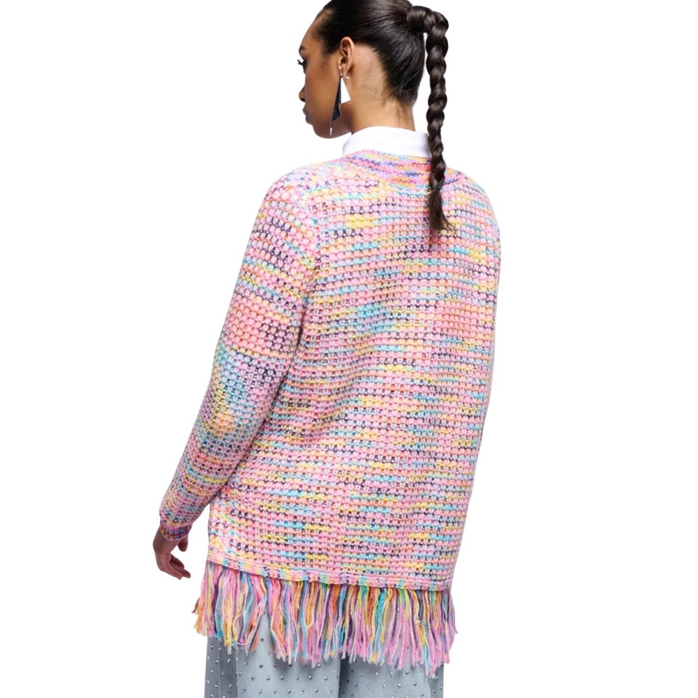 NWOT Akira Women's Rainbow Chunky Knit Fringe Cardigan Gold Button Multicolor L‎ - Picture 4 of 13